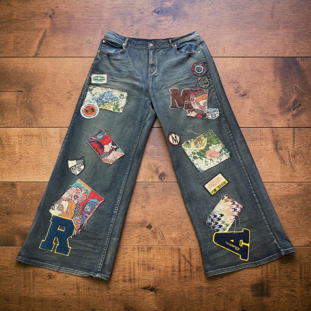 Akira Patchwork Wide Leg Jeans Varsity Letter Floral Collage Denim 1X W38xL31